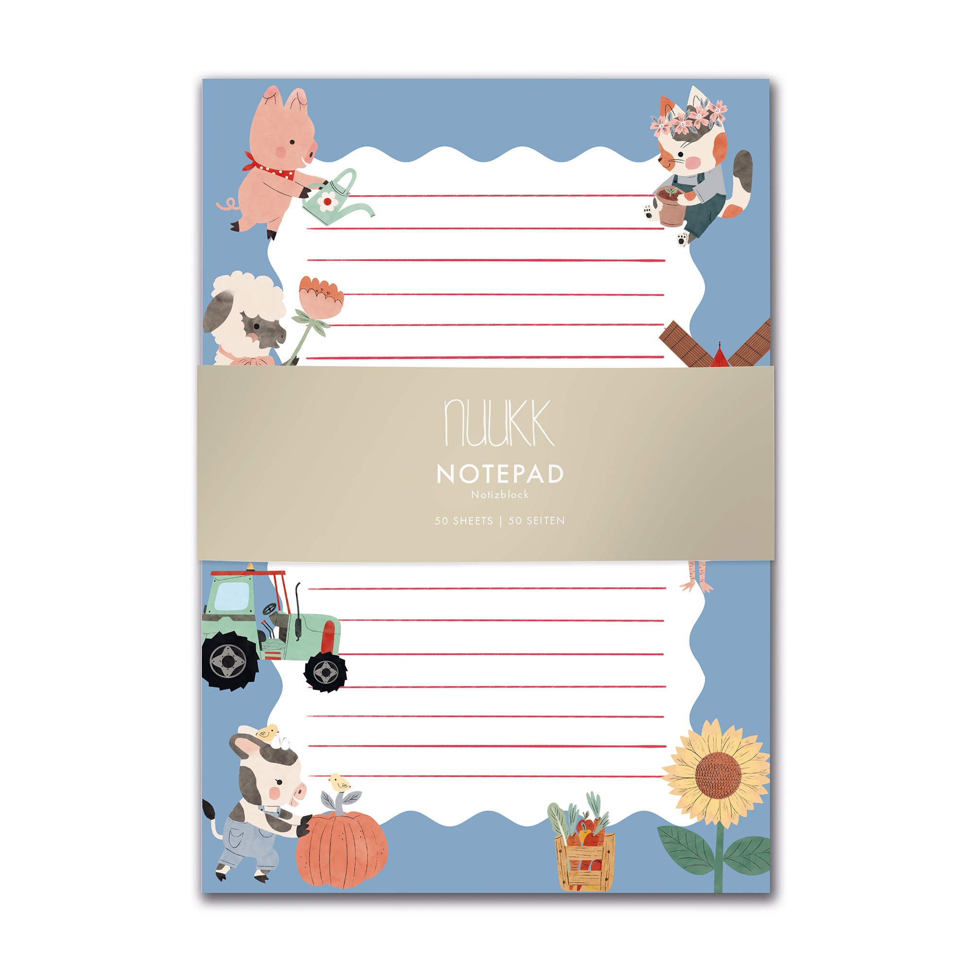 Bauernhof Notizblock, 50 Seiten, Briefpapier für Kinder mit süßen Bauernhoftieren, wie Schwein, Katze, Traktor, Kuh und Sonnenblume
