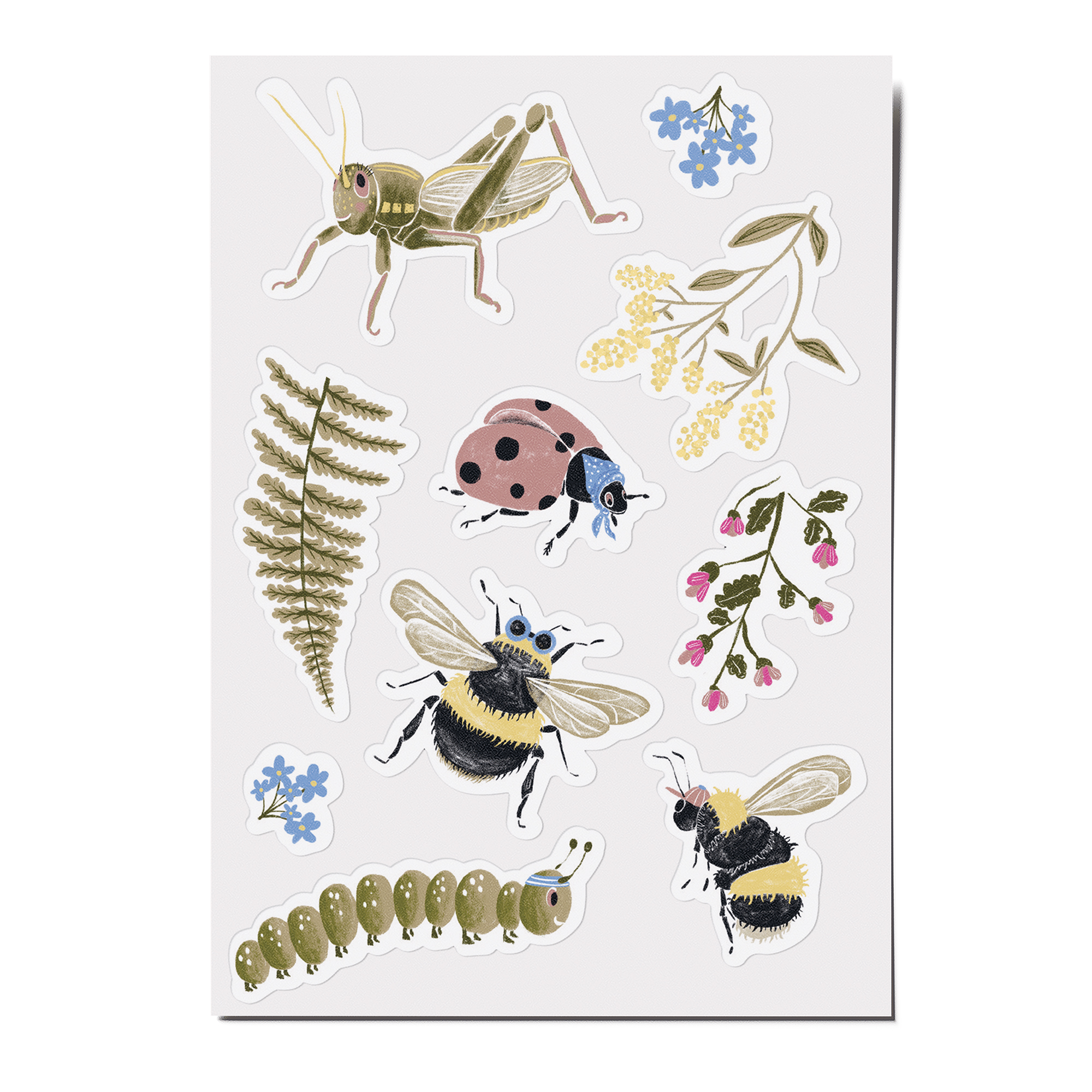 Feine Papieraufkleber Stickerbogen, Aufkleberset "Bienen": Insekten, Blumen, Marienkäfer
