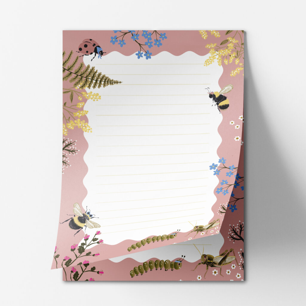 Bienen und Marienkäfer Notizblock, 50 Seiten, Briefpapier für Kinder mit süßen Insekten und Blumen