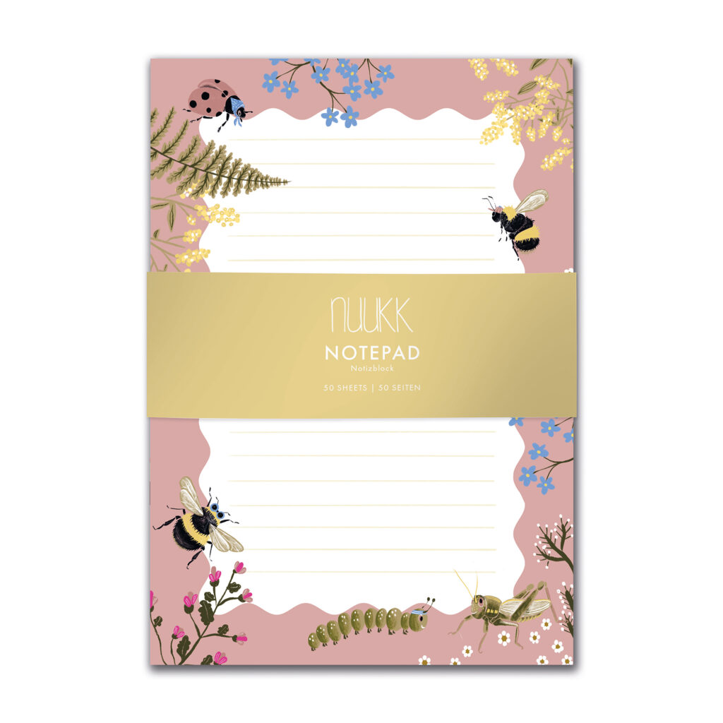 Bienen und Marienkäfer Notizblock, 50 Seiten, Briefpapier für Kinder mit süßen Insekten und Blumen