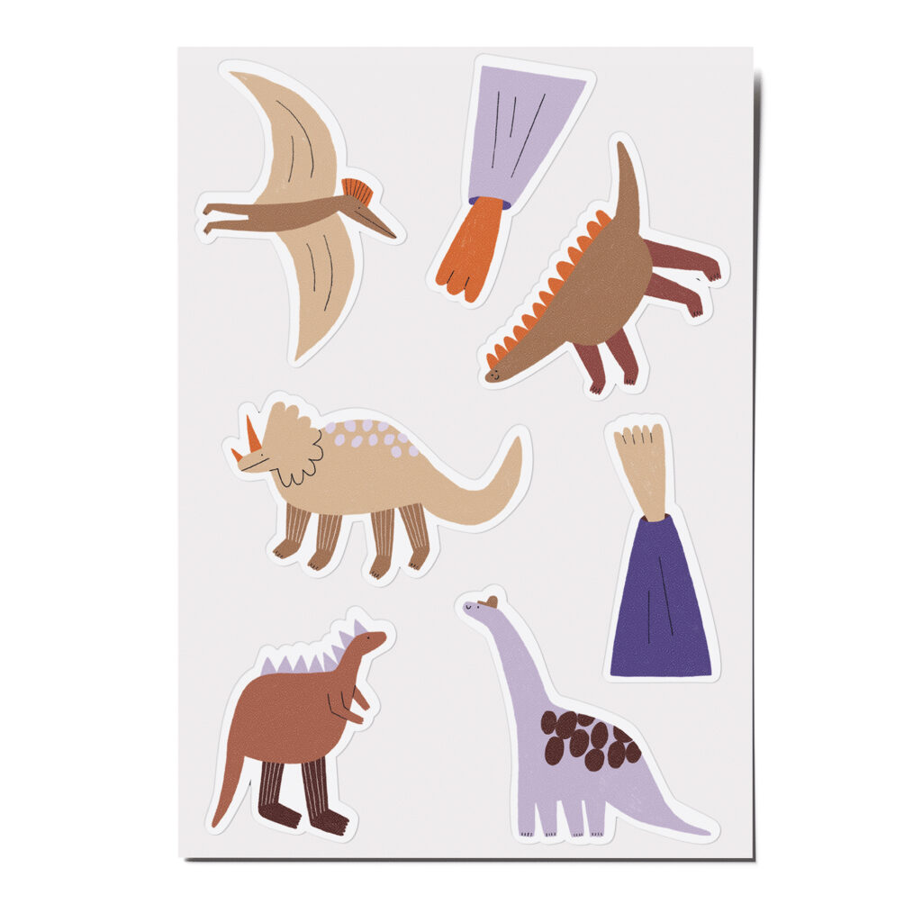 Feine Papieraufkleber "Dinosaurier", Stickerbogen, Aufkleberbogen, Aufkleberset, Stickerset für Kinder mit Triceratops, Stegosaurus, Vulkan, T-Rex