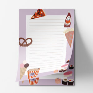 Fastfood Notizblock, 50 Seiten, Briefpapier für Kinder mit Pommes, Pizza, Sushi, Eis und Popcorn