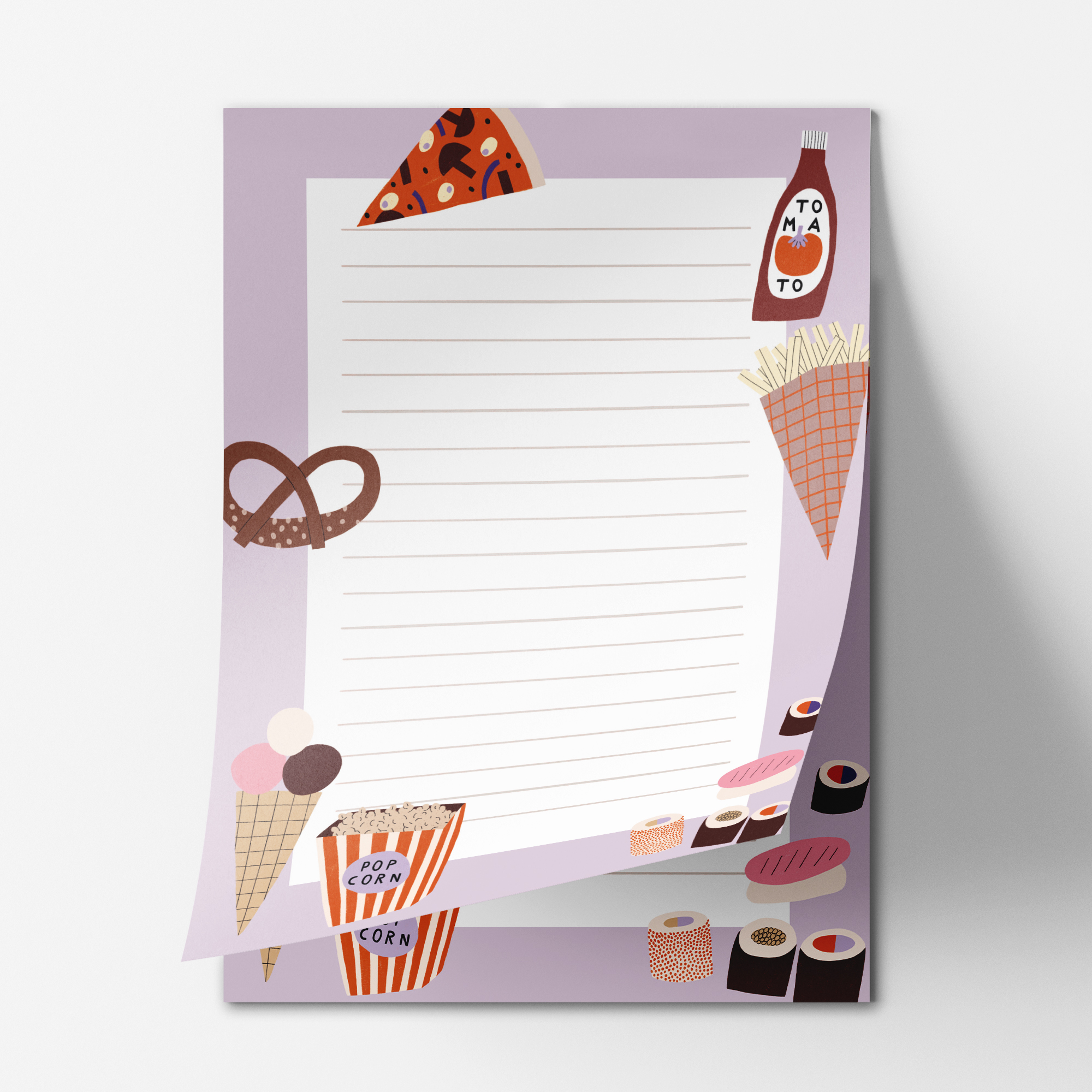 Fastfood Notizblock, 50 Seiten, Briefpapier für Kinder mit Pommes, Pizza, Sushi, Eis und Popcorn