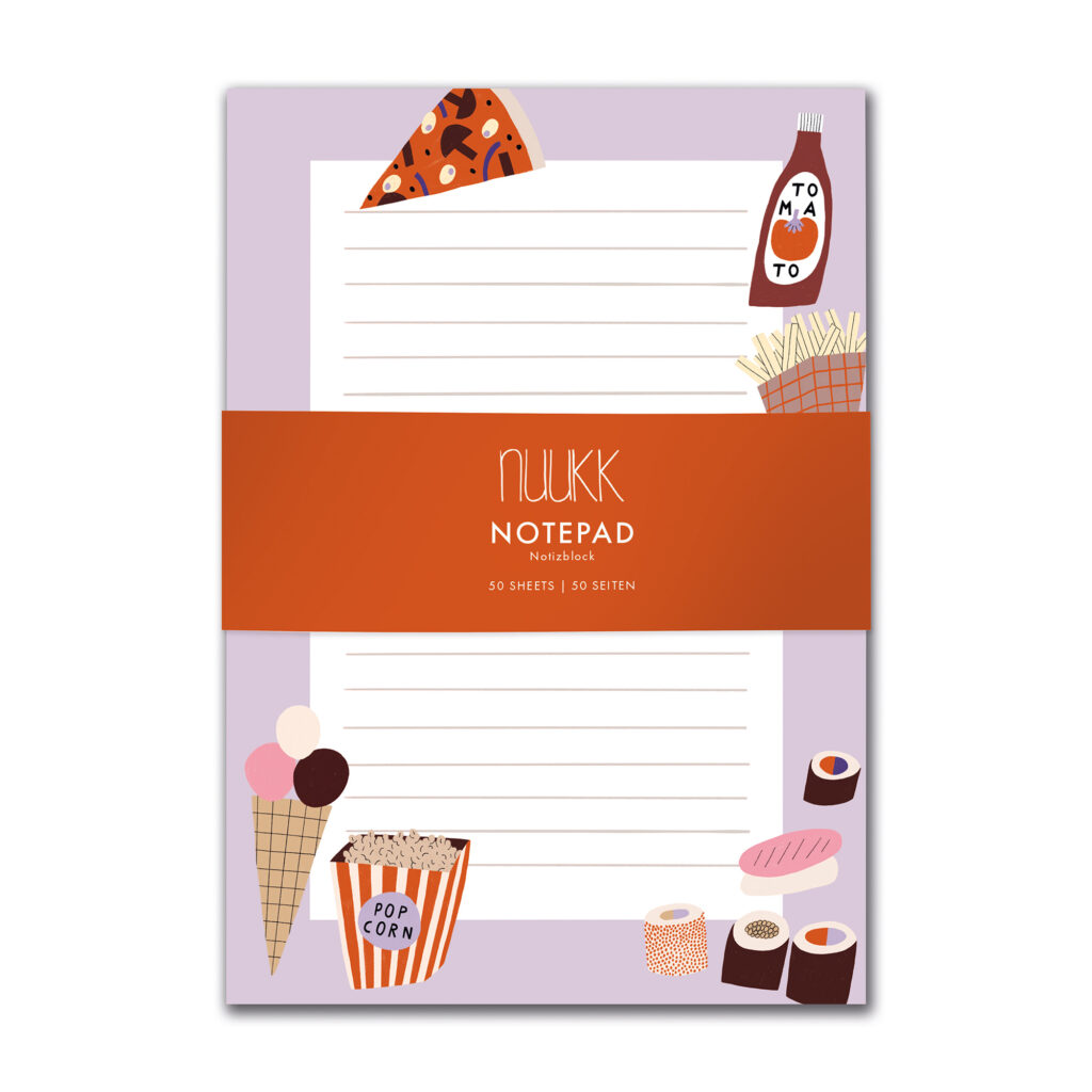 Fastfood Notizblock, 50 Seiten, Briefpapier für Kinder mit Pommes, Pizza, Sushi, Eis und Popcorn
