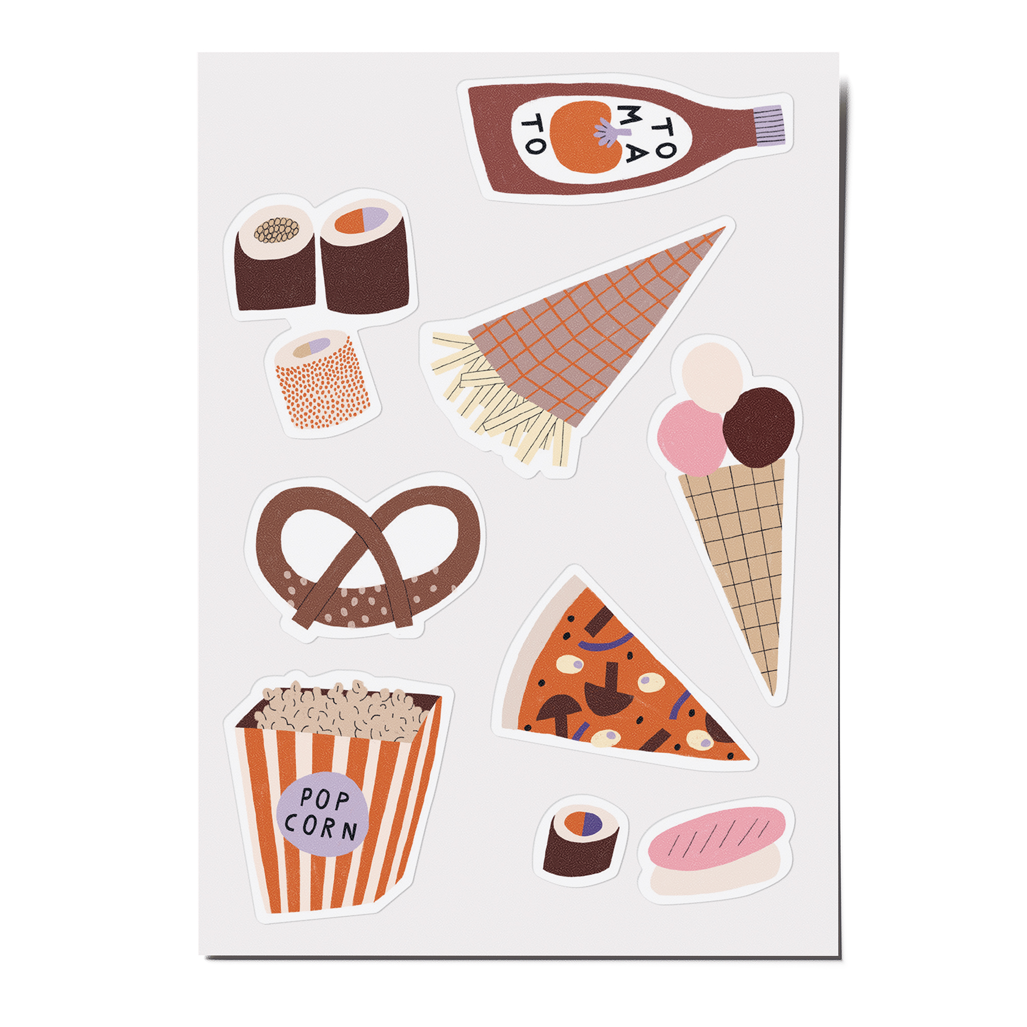 Feine Papieraufkleber Stickerbogen, Aufkleberset "Fastfood": Pommes, Eis, Pizza, Brezel, Popcorn, Sushi