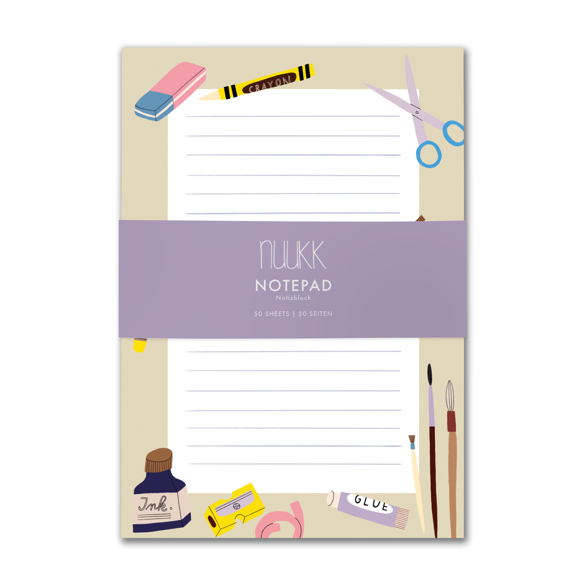 Notizblock Schule, 50 Seiten, Briefpapier für Kinder mit Motiven zur Einschulung: Radiergummi, Schere, Tinte, Pinsel