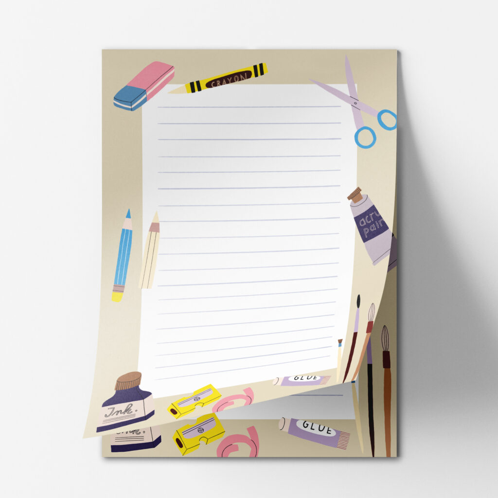 Schule Notizblock, 50 Seiten, Briefpapier für Kinder mit Motiven zur Einschulung: Radiergummi, Schere, Tinte, Pinsel