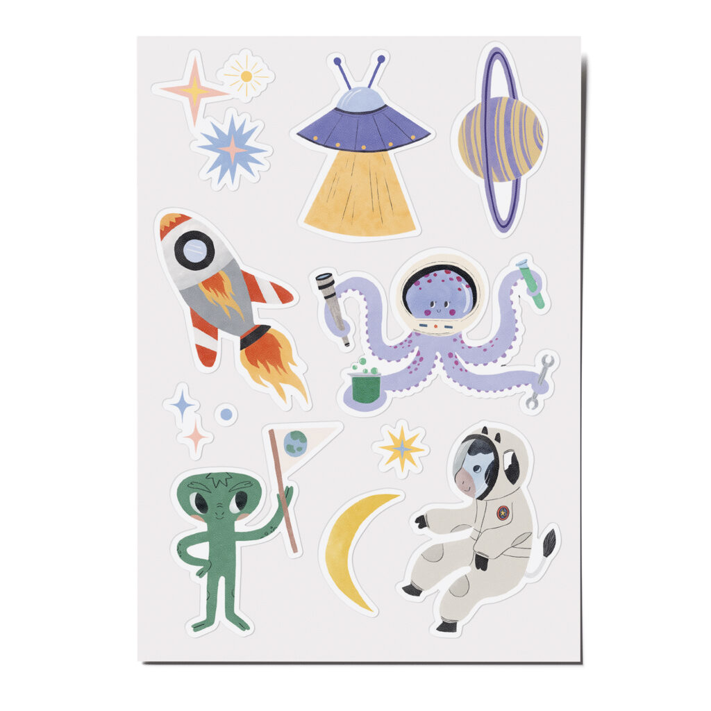 Feine Papieraufkleber Stickerbogen, Aufkleberset "Space": Alien, Mond, Sterne, UFO, Rakete, Weltraumkuh