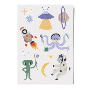 Feine Papieraufkleber Stickerbogen, Aufkleberset "Space": Alien, Mond, Sterne, UFO, Rakete, Weltraumkuh