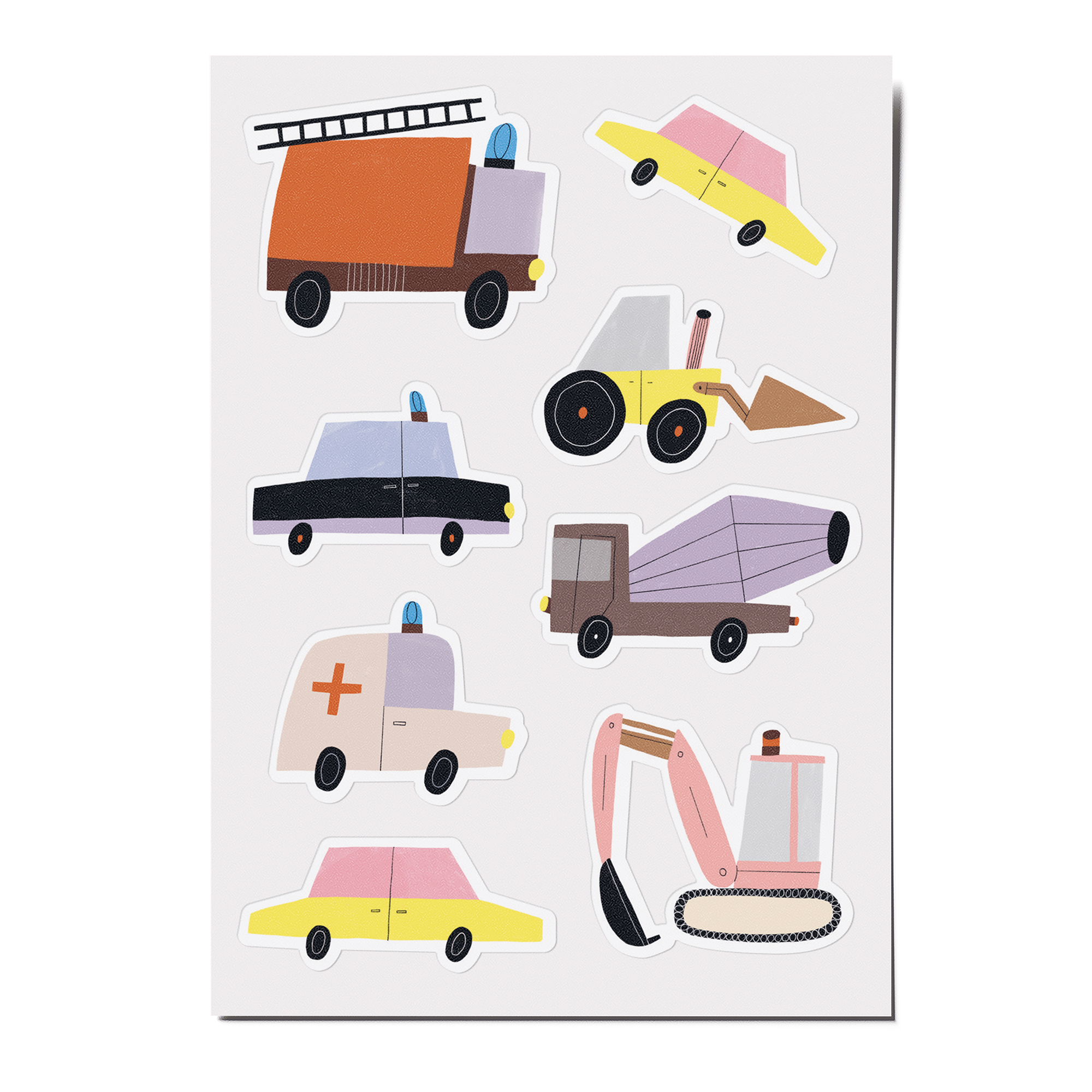Feine Papieraufkleber Stickerbogen, Aufkleberset "Autos": LKW, Laster, Rennwagen, Bagger, Polizeiauto, Feuerwehrauto, Krankenwagen