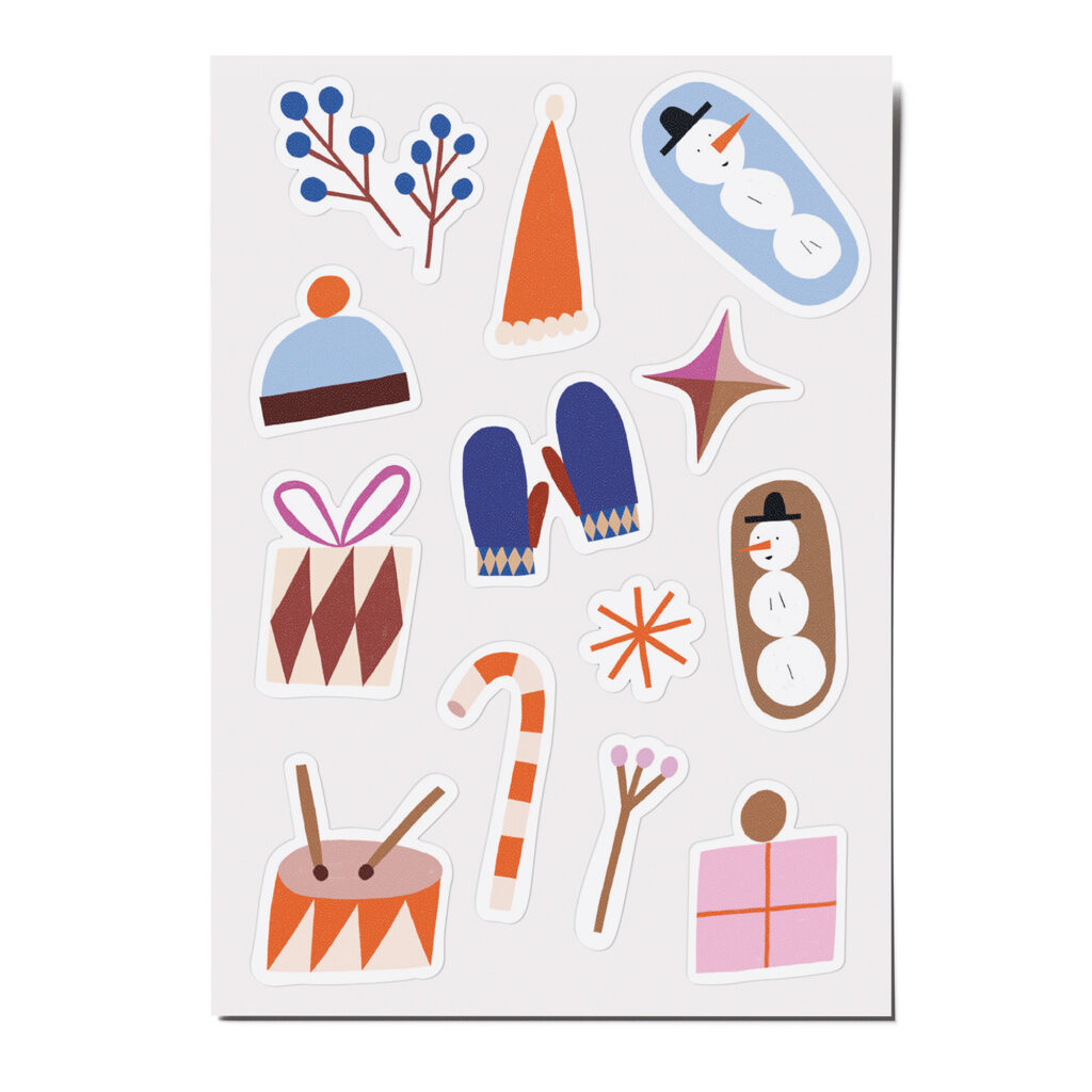Feine Papieraufkleber Stickerbogen, Aufkleberset "Winter": Schneemann, Zuckerkringel, Sterne, Trommel, Mütze, Geschenk