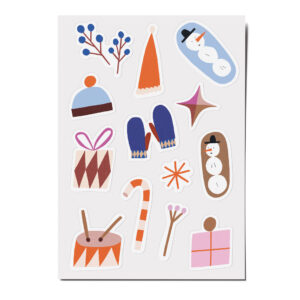 Feine Papieraufkleber Stickerbogen, Aufkleberset "Winter": Schneemann, Zuckerkringel, Sterne, Trommel, Mütze, Geschenk
