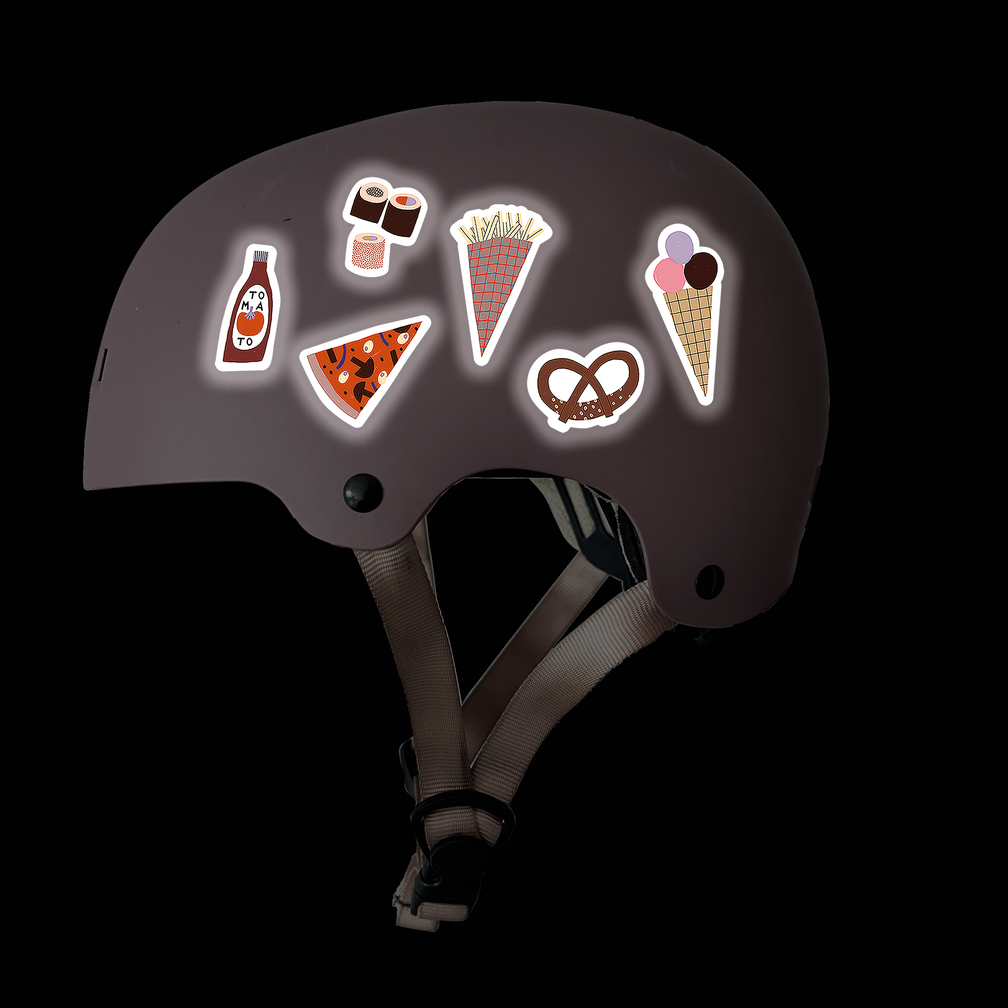 Reflektierende Sticker Fastfood. Reflektierende Aufkleber auf Fahrradhelm. Motive: Sushi, Pizza, Popcorn, Brezel