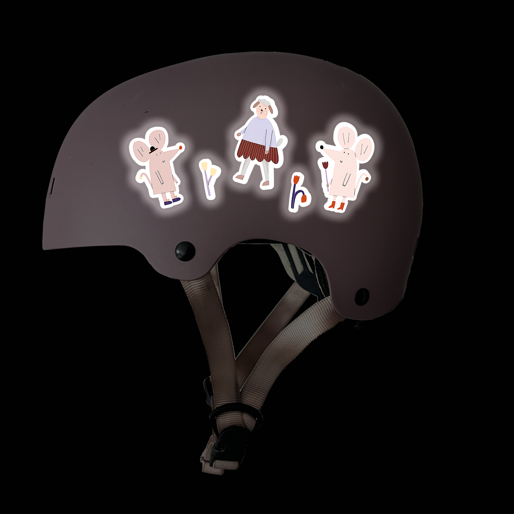 Reflektierende Sticker “Mäuse”. Reflektierende Aufkleber auf Fahrradhelm. Motive: Maus, Lamm, Blumen