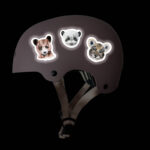 Reflektierende Sticker “Tiny Roar”. Reflektierende Aufkleber auf Fahrradhelm. Motive: Aquarelltiere, Panda, Braunbär, Leopard, Löwe