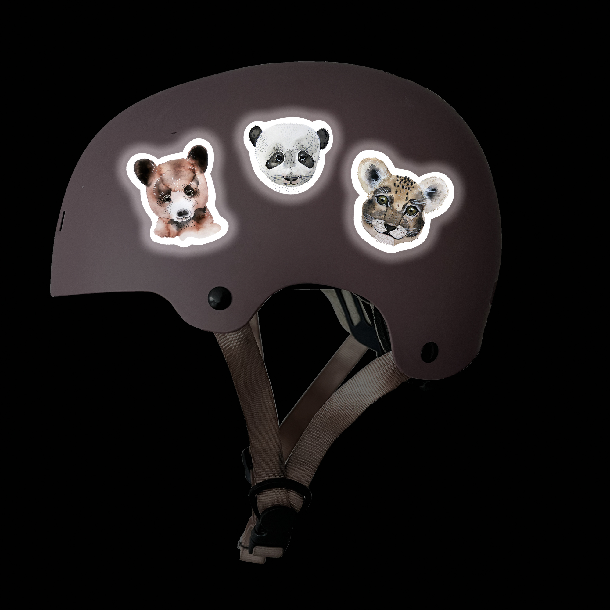 Reflektierende Sticker “Tiny Roar”. Reflektierende Aufkleber auf Fahrradhelm. Motive: Aquarelltiere, Panda, Braunbär, Leopard, Löwe