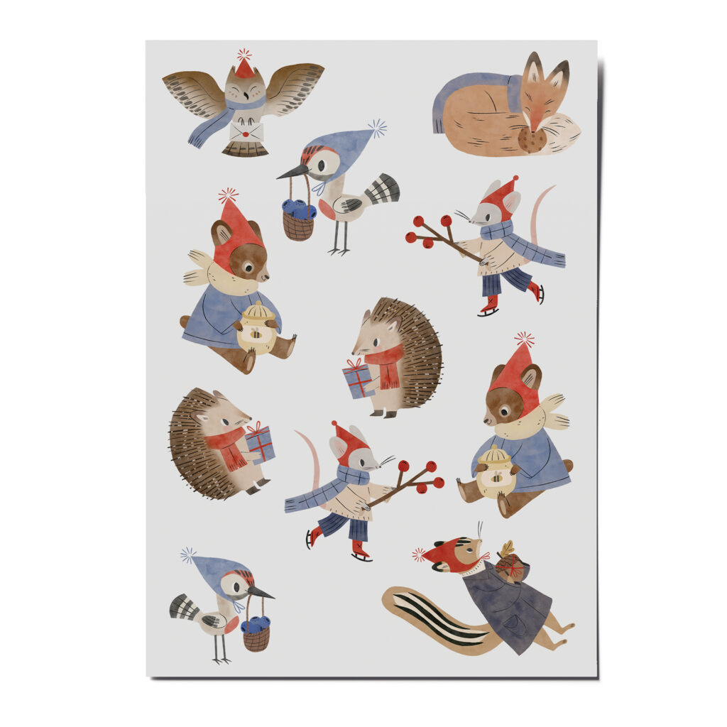 Tattoos Waldtiere im Winter, Kindertattoos, Maus, Eule, Igel, Fuchs, Bär, Wintertiere, Melinda Berti