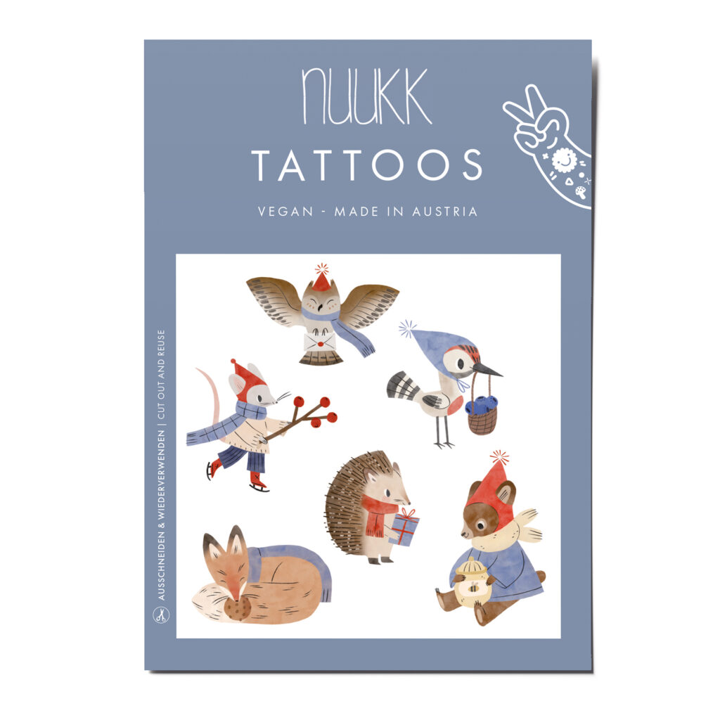 Tattoos Waldtiere im Winter, Kindertattoos, Maus, Eule, Igel, Fuchs, Bär, Wintertiere, Melinda Berti