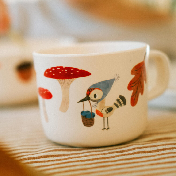 Kinderbecher aus rPET, recyceltes Plastik, LFGB, EU Standards, Kindertasse, Vogel, Fliegenpilz