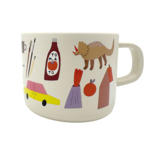 Kindertasse Happy, Dinosaurier, Auto, Vulkan, Apfel, bunte Illustrationen, rPET, lebensittelsicher, LFGB, EU-Standards