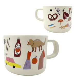 Kindertasse Happy, Dinosaurier, Auto, Vulkan, Apfel, bunte Illustrationen, rPET, lebensittelsicher, LFGB, EU-Standards
